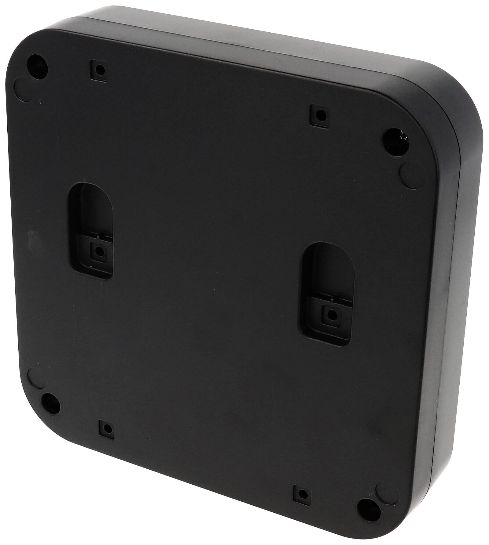 A rectangular, black plastic housing with rounded corners and pre-drilled holes for wall mounting.
