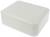 Rectangular, flat, white box with rounded corners. It is closed and has a smooth surface.