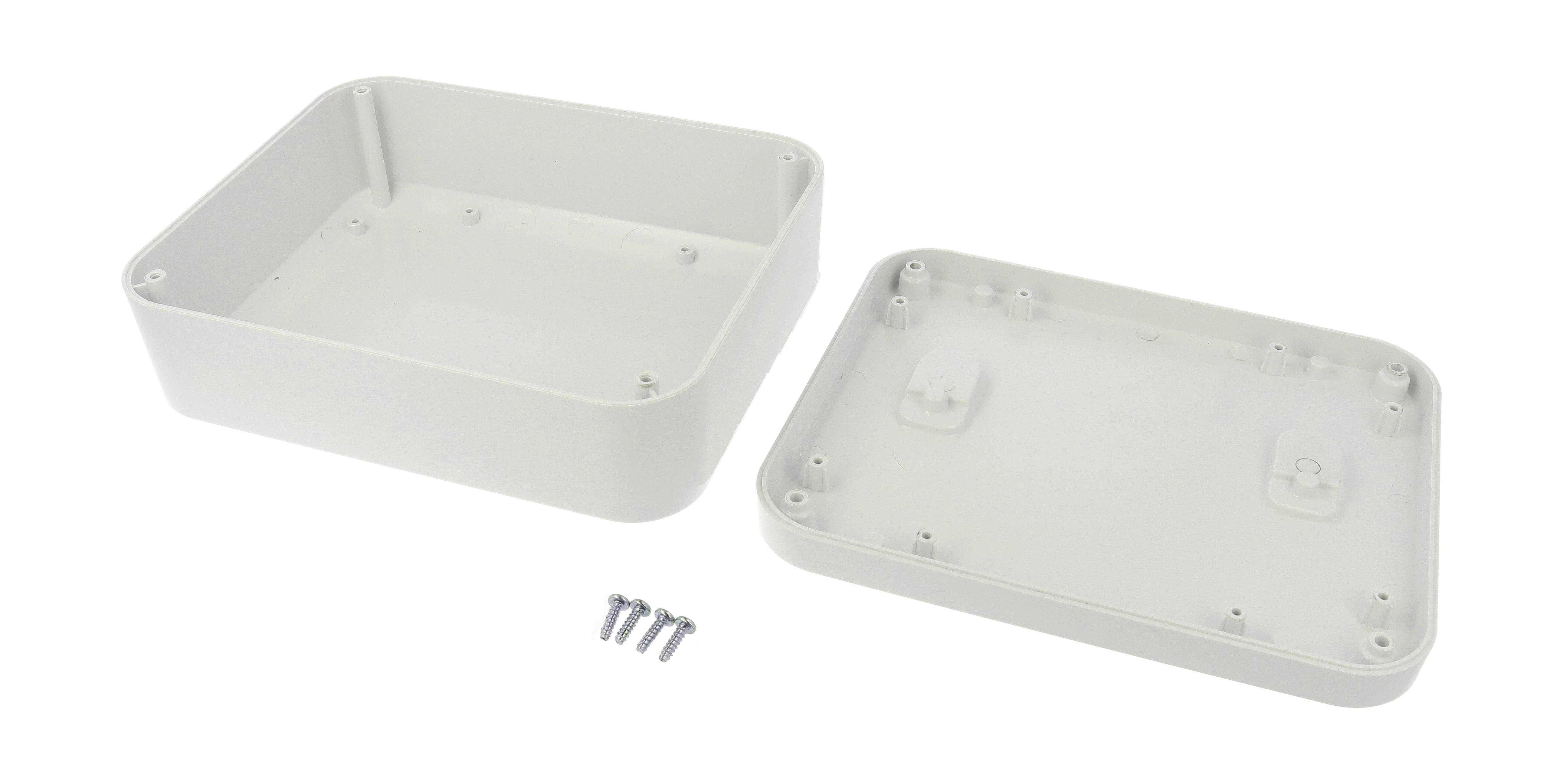 Grey plastic enclosure in two parts, lid and base, with four screws for assembly. Suitable for electronic applications.