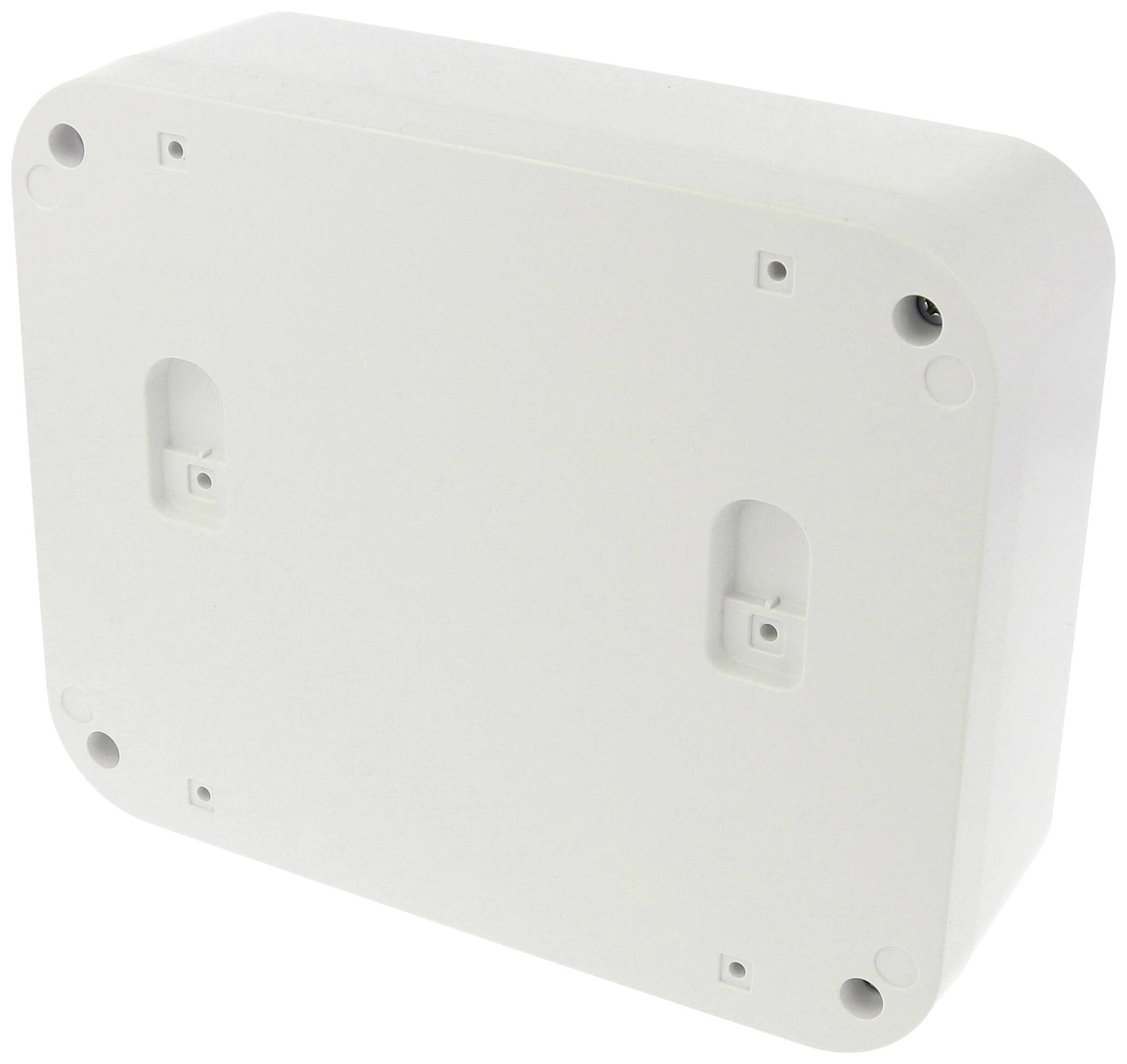 White, rectangular plastic box with rounded corners, showing back with holes for wall mounting; used for housing installation.