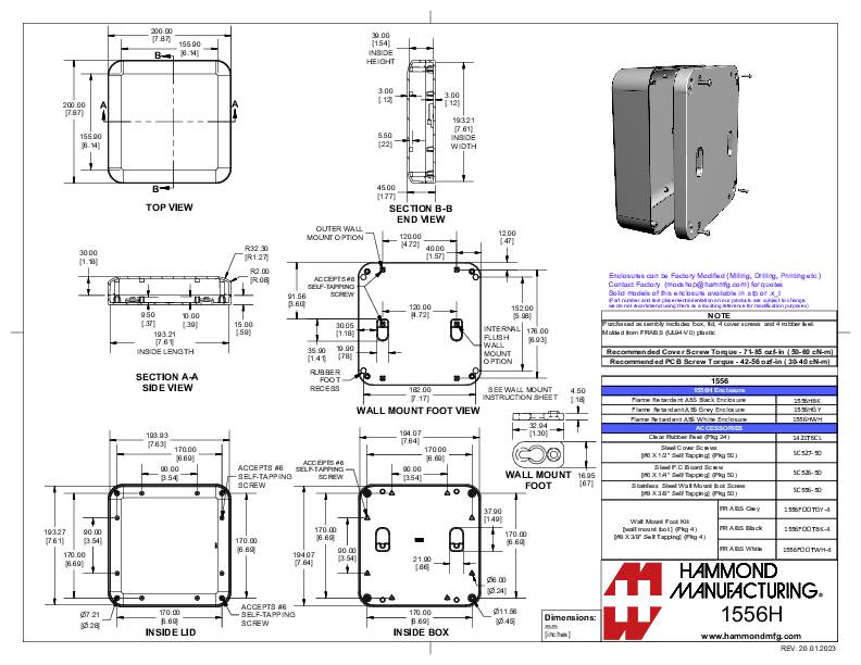 Technical drawing of a rectangular enclosure with various views and dimensions, including side and top view.