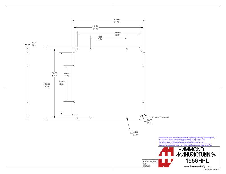 Technical drawing of a component with detailed dimensions and descriptions. Manufacturer: Hammond Manufacturing, Model 1556HPL.
