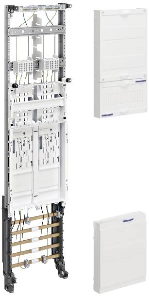 'Installation Distribution Board and Enclosures'; Image shows a large, open installation distribution board with two closed white enclosures beside it.