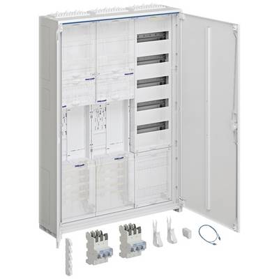 'Open distribution box with modules and wiring; components for installation are laid out in front.'