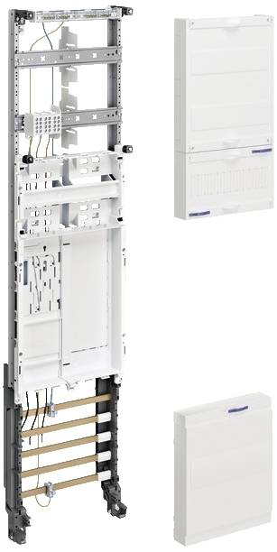 'Installation frame for electrical distribution, showing vertical enclosure with cable channels and connection options, alongside two distribution boards.'