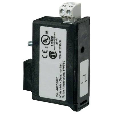 An electrical component with CE and UL certification, serial number, and a two-pole terminal block on top.