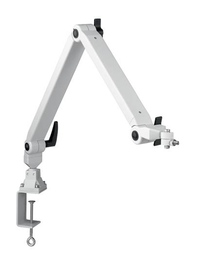 A white, adjustable desk arm with joints and a clamp for attaching to surfaces, used for various mounting purposes.