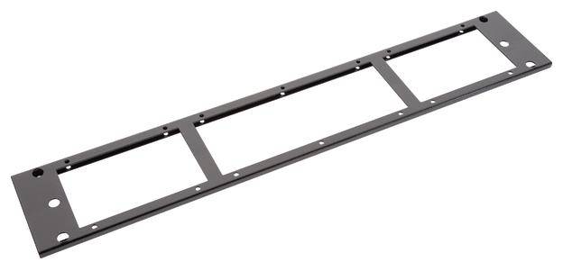 A rectangular black metal frame with multiple recesses and drill holes.