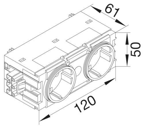 'Technical drawing of a rectangular component, 120 mm length, 61 mm width, 50 mm height, with two round openings.'