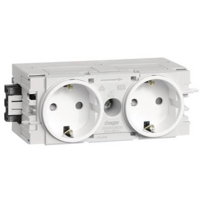 Double socket made of plastic with two white plug sockets, with visible screw mountings and markings on the surface.