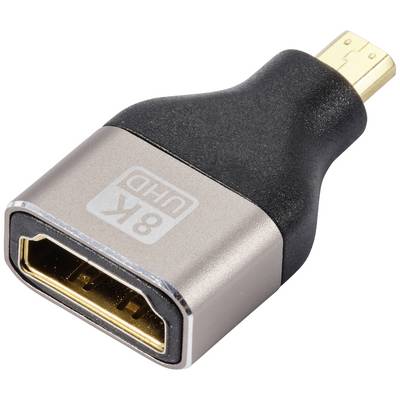 'HDMI Adaptor for 8K UHD, with black and silver casing, shows the connection for high-quality video and audio connections.'