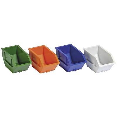 Four colourful, stackable plastic containers in green, orange, blue and white, arranged side by side.