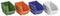 Four colourful, stackable plastic containers in green, orange, blue and white, arranged side by side.