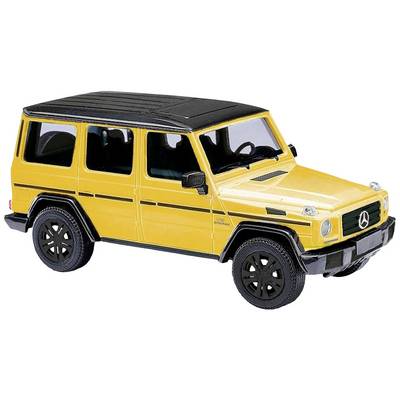 Yellow toy car in an SUV style with black details and a Mercedes star on the grille, set against a white background.