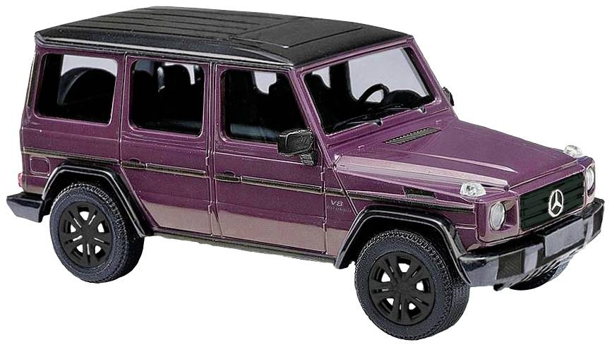 A purple model car in the shape of an SUV, with black alloy wheels and a silver logo on the grille, against a white background.