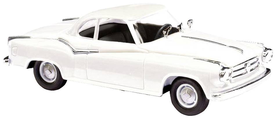A white toy car in a classic design with black tyres and chrome details, shown at a slightly angled perspective.