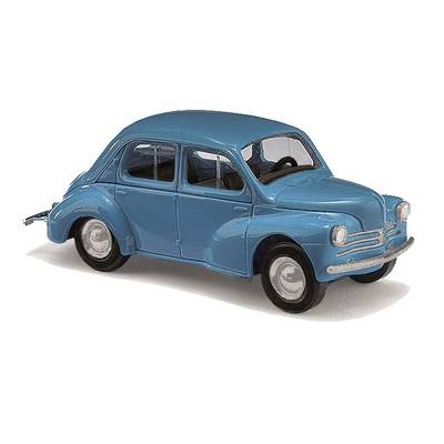 A blue model car in a retro style with rounded forms and silver bumpers on a white background.