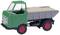 A green toy tipper truck with loaded sand in the grey loading area, red wheels.