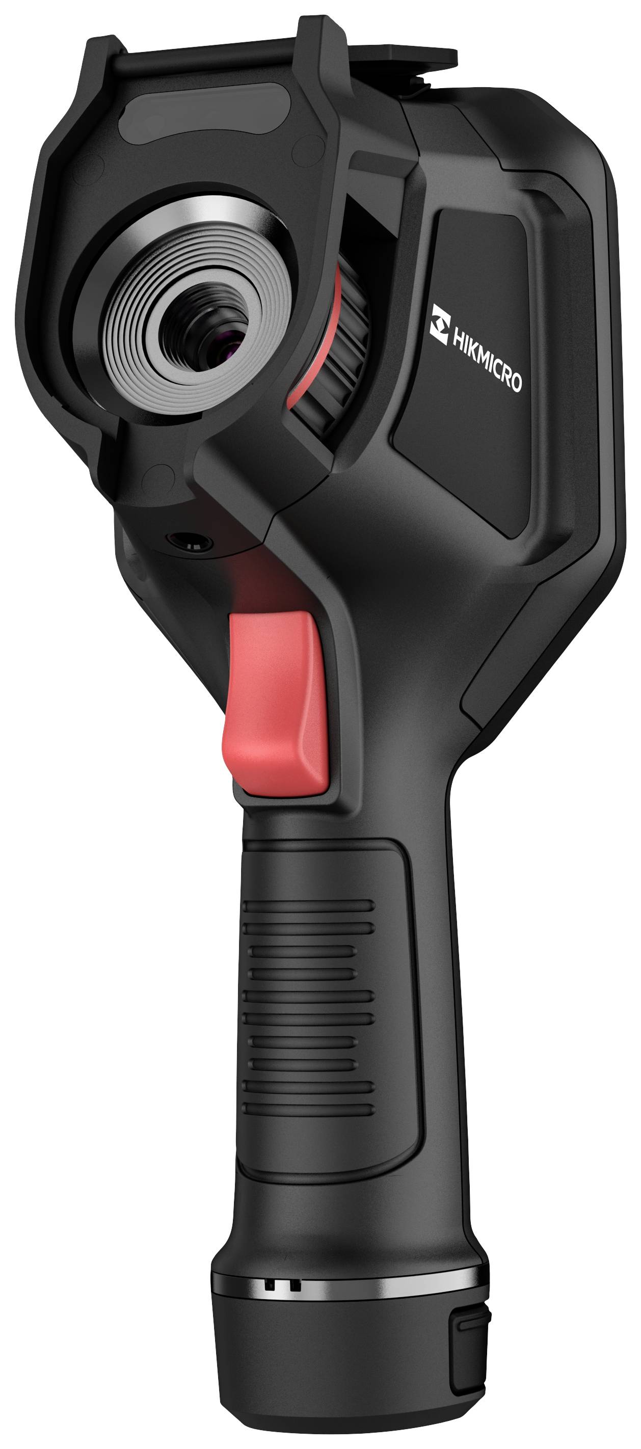 Handheld thermal imaging camera in black with a red grip. It is used to detect temperature differences.
