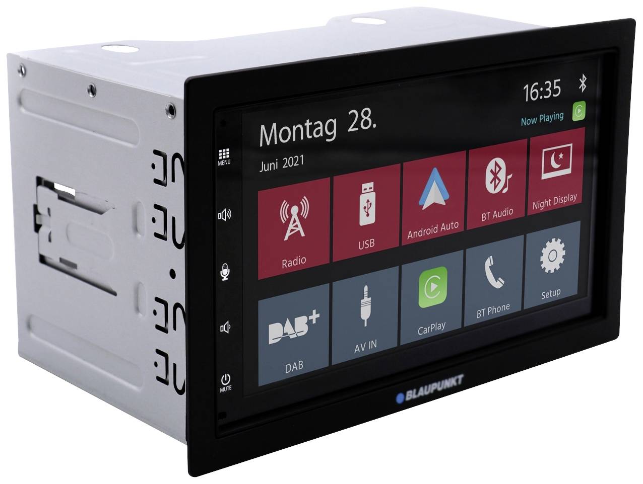 'Car radio with touchscreen showing music and app selection. Screen displays date Monday, 28 June 2021, and time 16:35.'