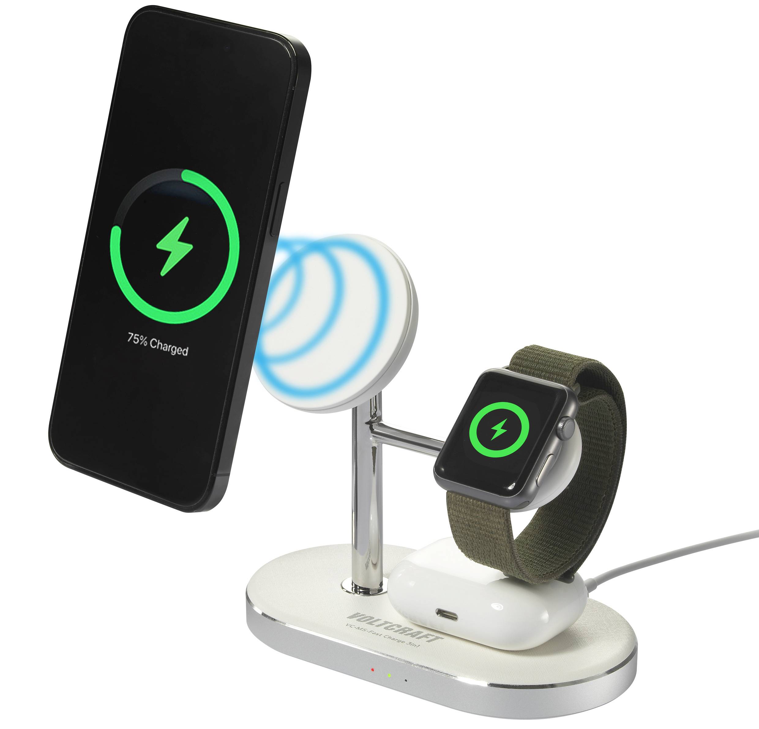 Wireless charger charges a smartphone, a smartwatch and headphones simultaneously. Smartwatch displays a charging symbol.
