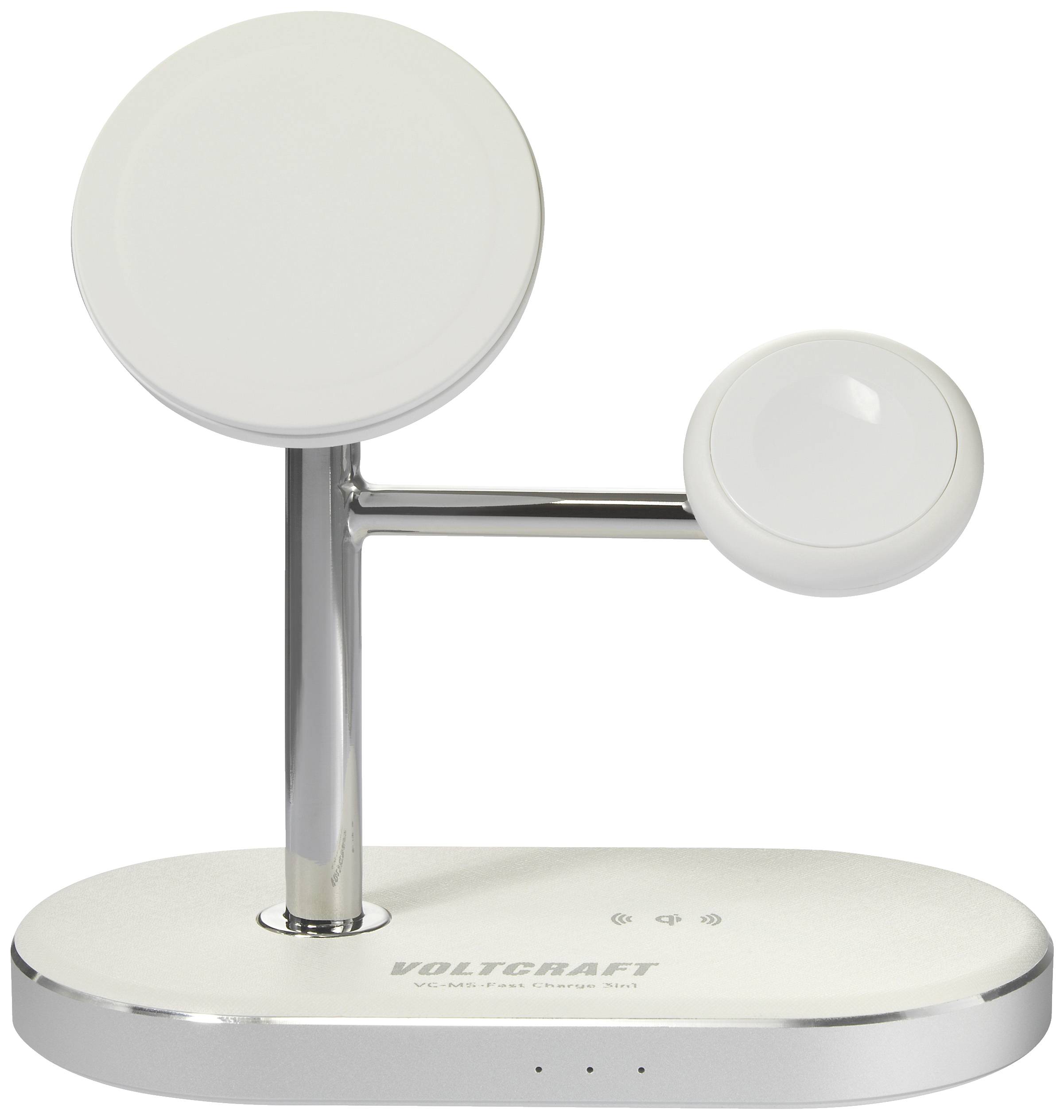 Wireless charger with two circular charging surfaces, white and silver. 'Voltcraft' brand name on the base.