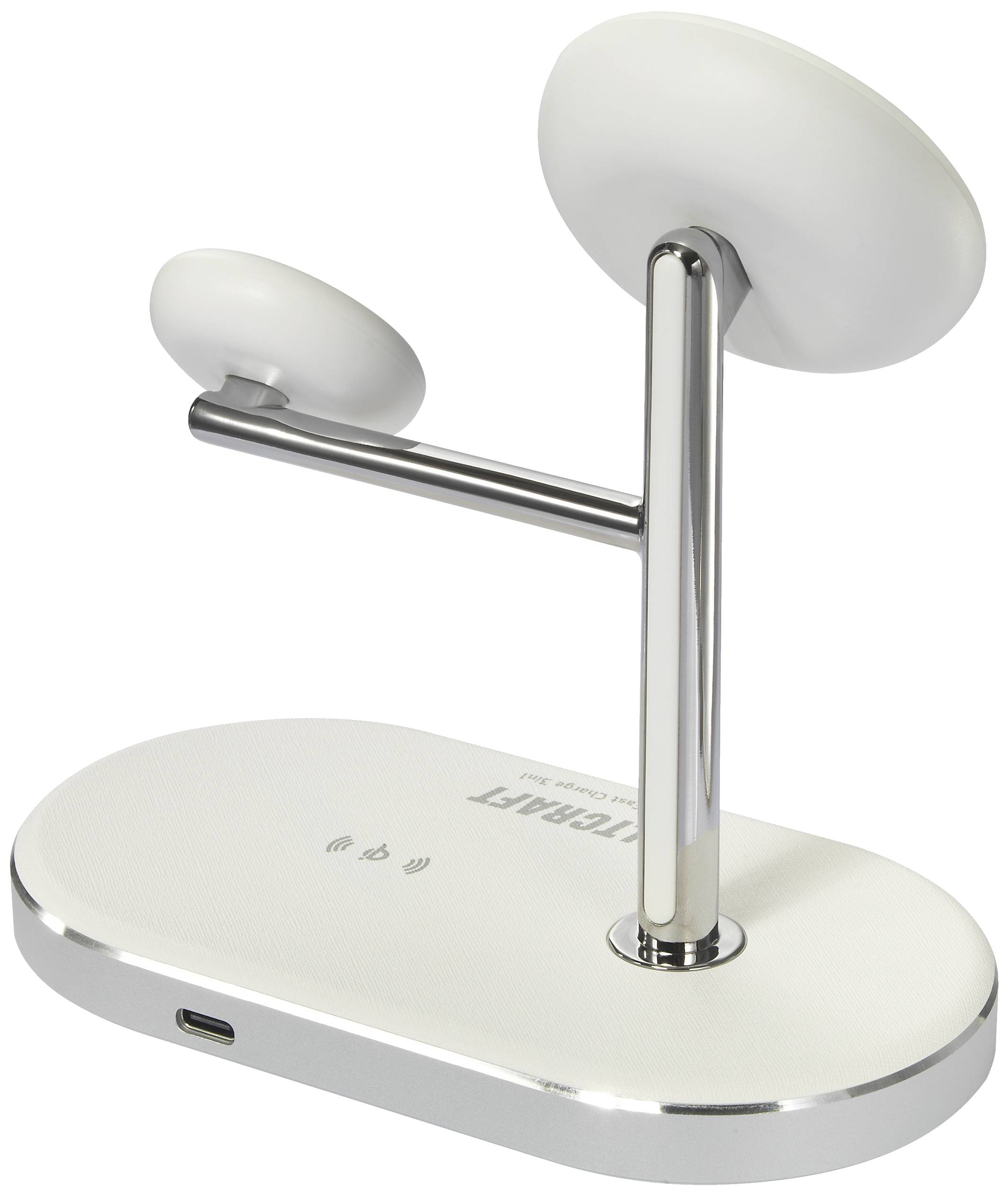 Elegant, white-silver wireless charging station for multiple devices with a sleek, modern design and USB-C port.