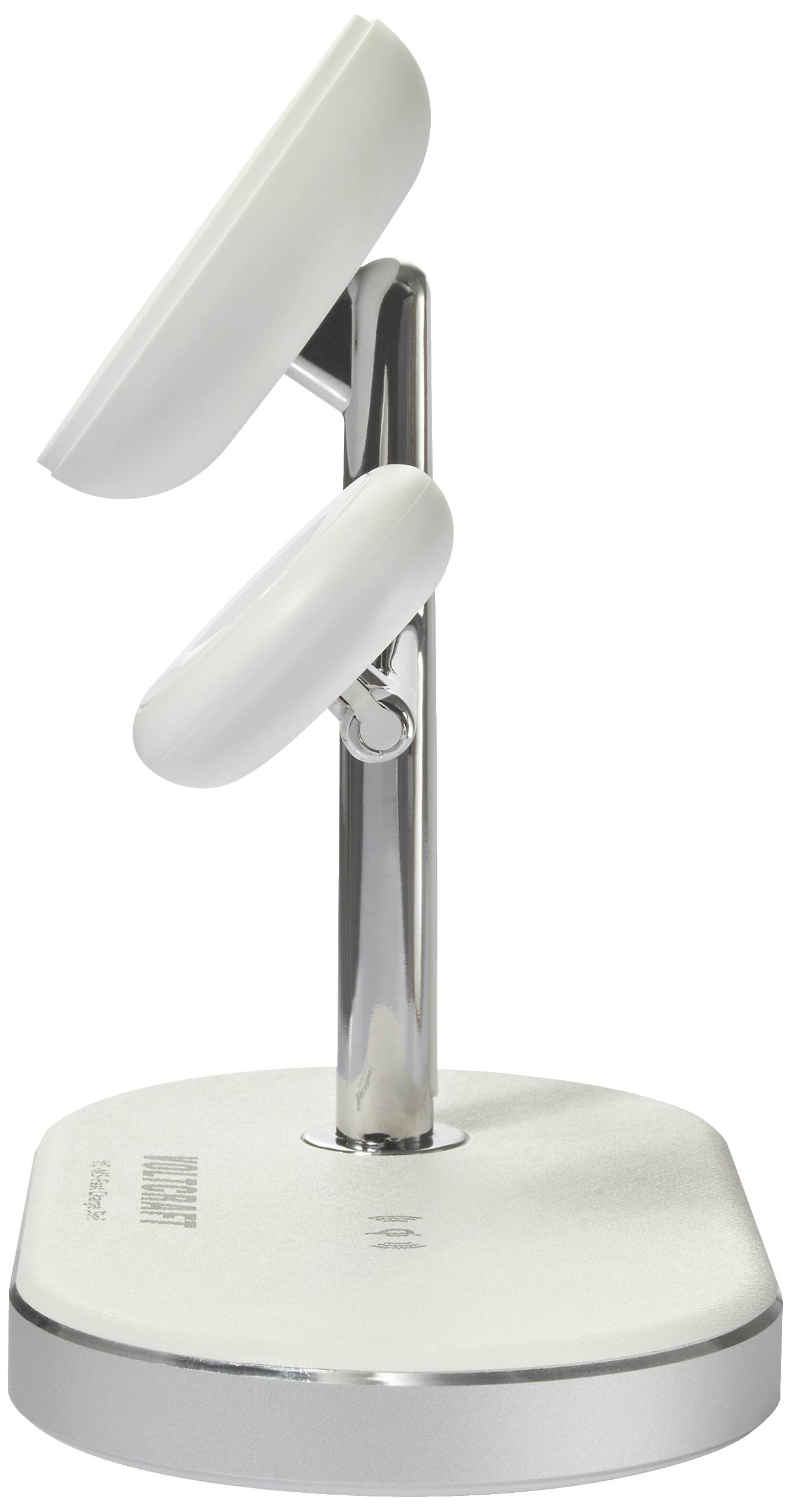 A white metal magnetic stand with two adjustable holders, suitable for displaying or storing items.