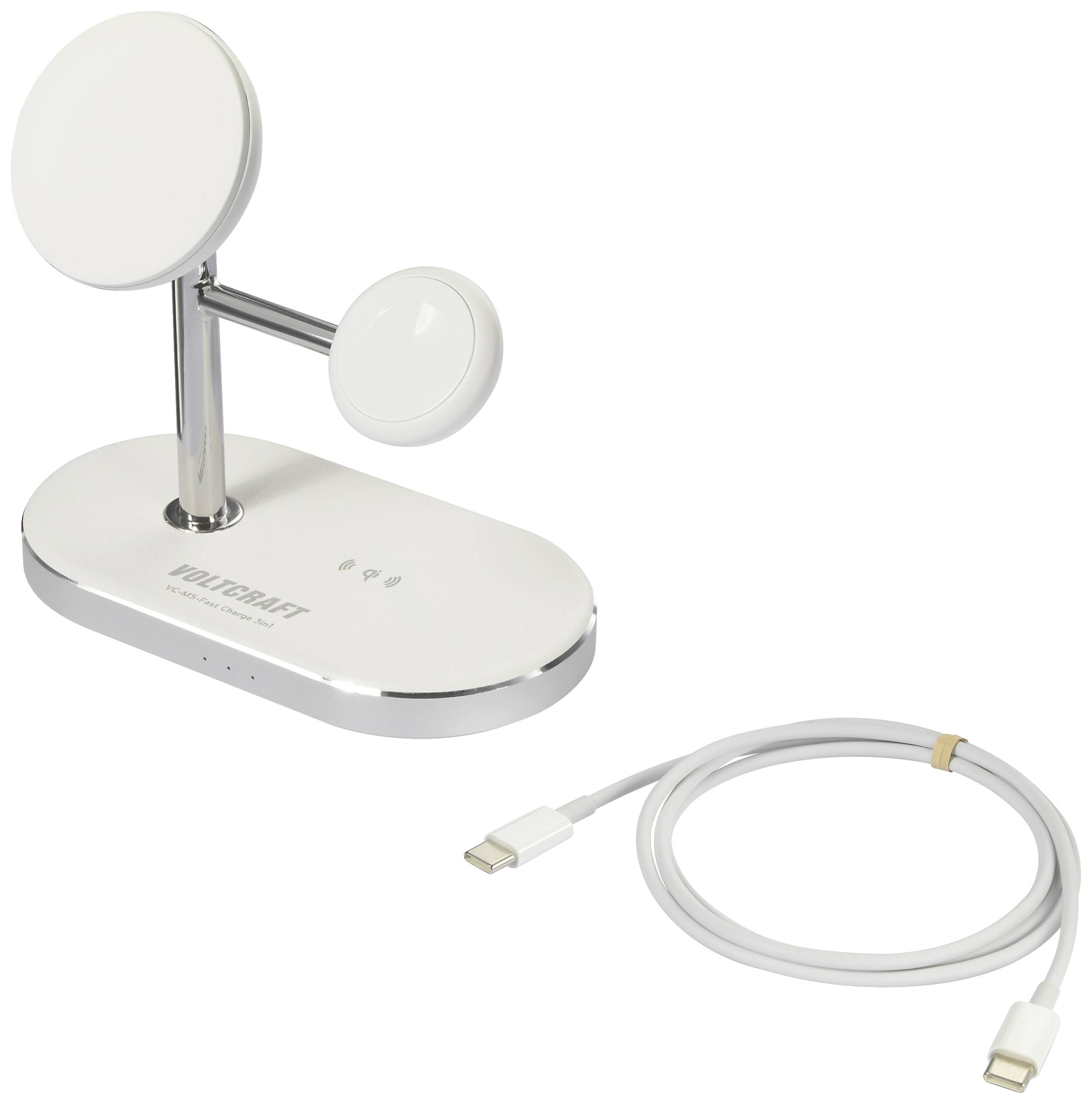 Wireless charger with two charging stations and matching USB cable, on white background.