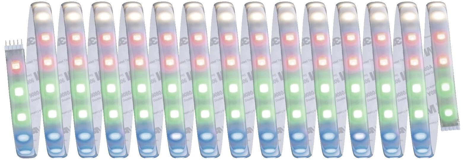 Light strips with alternating red, green, and blue LEDs, connected in series in a linear arrangement.