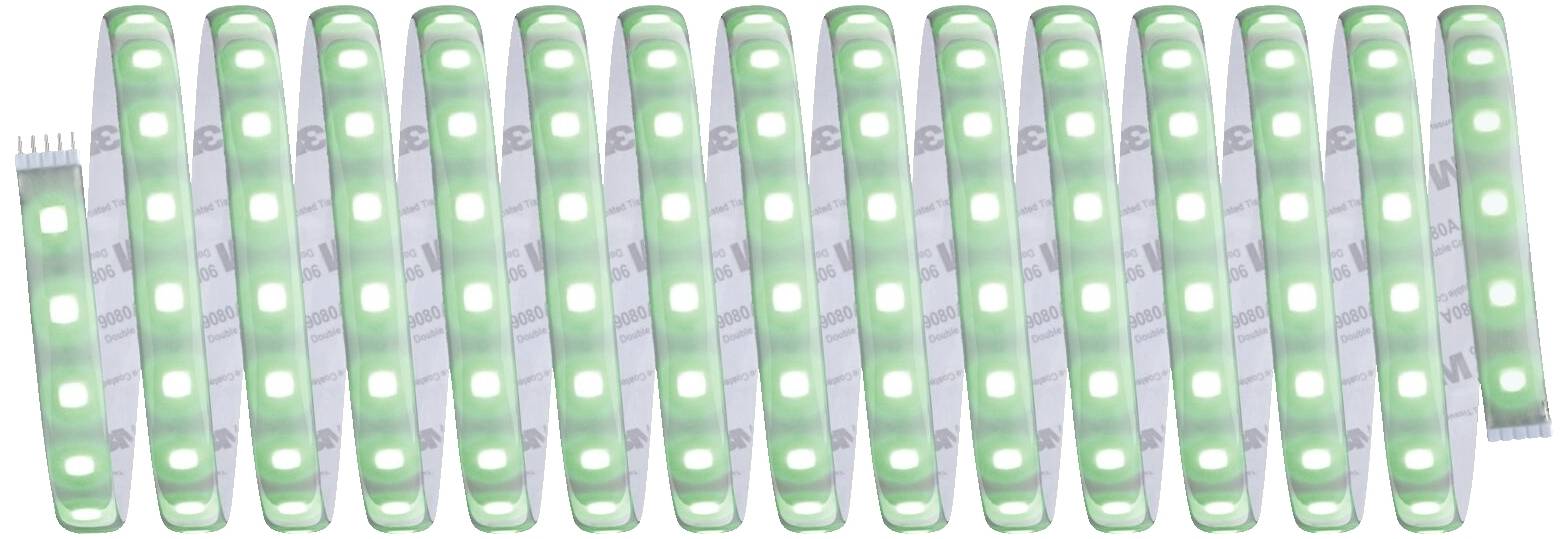 Green LED strips arranged in a row, each with multiple illuminating diodes, connected by circuit tracks.