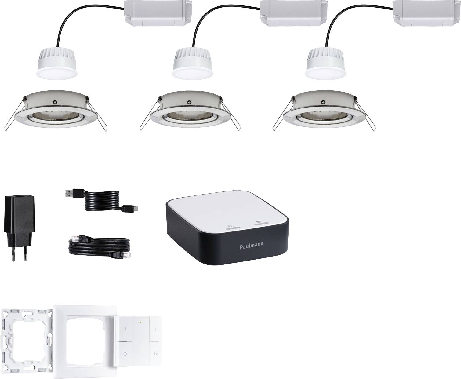 'Paulmann Smart Home LED Recessed Lights Series Plug & Shine'. Contains three recessed spotlights, remote control, power supply and control centre. Ideal for dimmable, energy-efficient lighting.