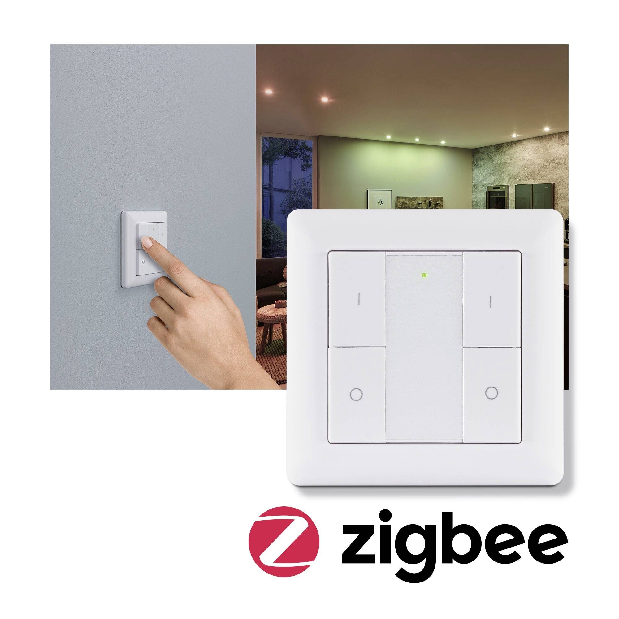 A hand operates a wall switch. Beside it is a smart home light switch with a Zigbee logo. An illuminated room is visible in the background.