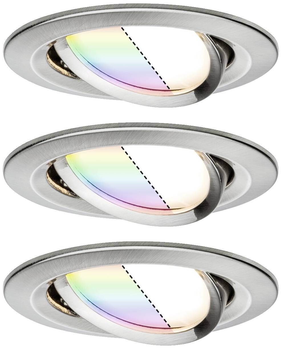 Three round ceiling lights with rotatable housing, projecting angled light rays in rainbow colours.