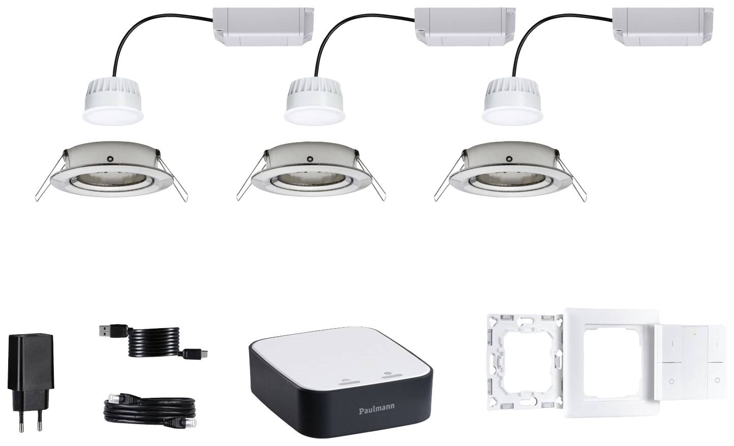 Lighting set with three round LED recessed lights, power cables, power supply unit and control unit for Wi-Fi networked lighting.