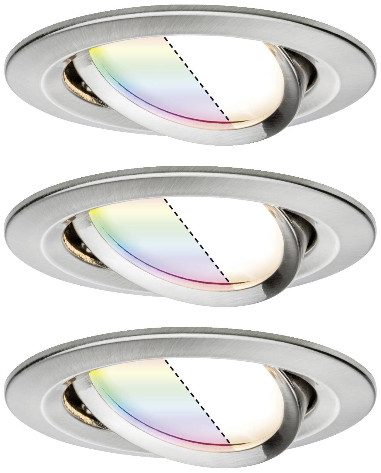 Three round ceiling lights, each with a coloured light spectrum, show different tilt angles. The top image displays the greatest tilt.