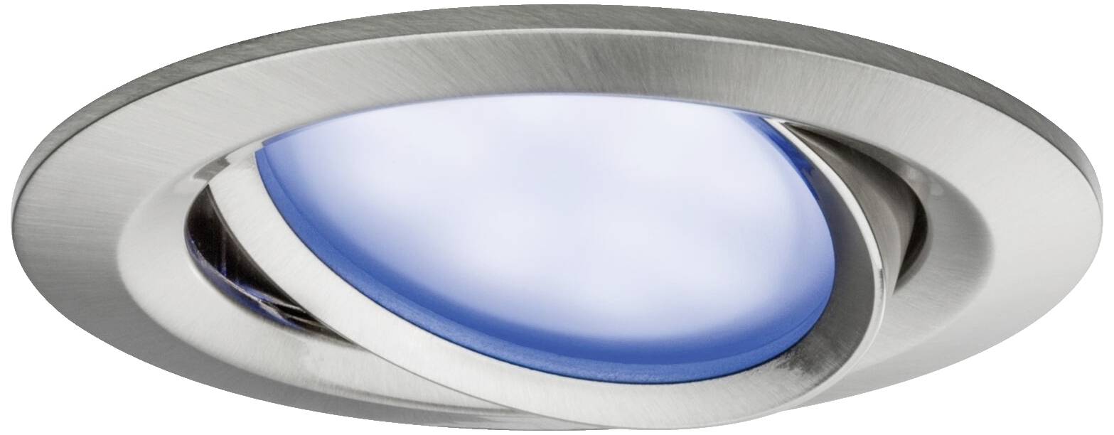 Cylindrical LED recessed light in a silver housing, emitting blue light.