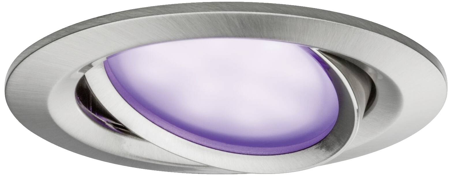 Round LED ceiling recessed light with a purple-glowing glass, surrounded by a silver frame.