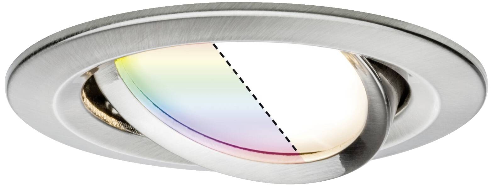 A circular ceiling light with an adjustable spotlight; the light displays a gradient of rainbow colours.