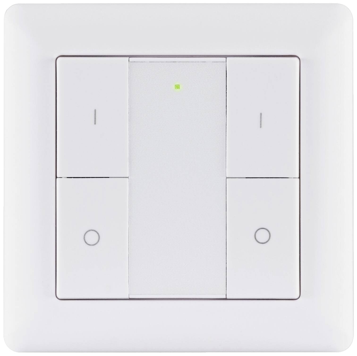 A backlit, square white light switch with a large central switch and two smaller buttons on the sides.