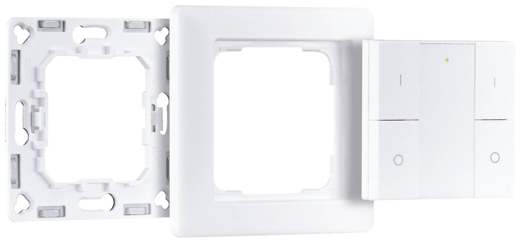 White, rectangular light switch frame with three components: base, cover, and control circuit board, designed to control lighting.