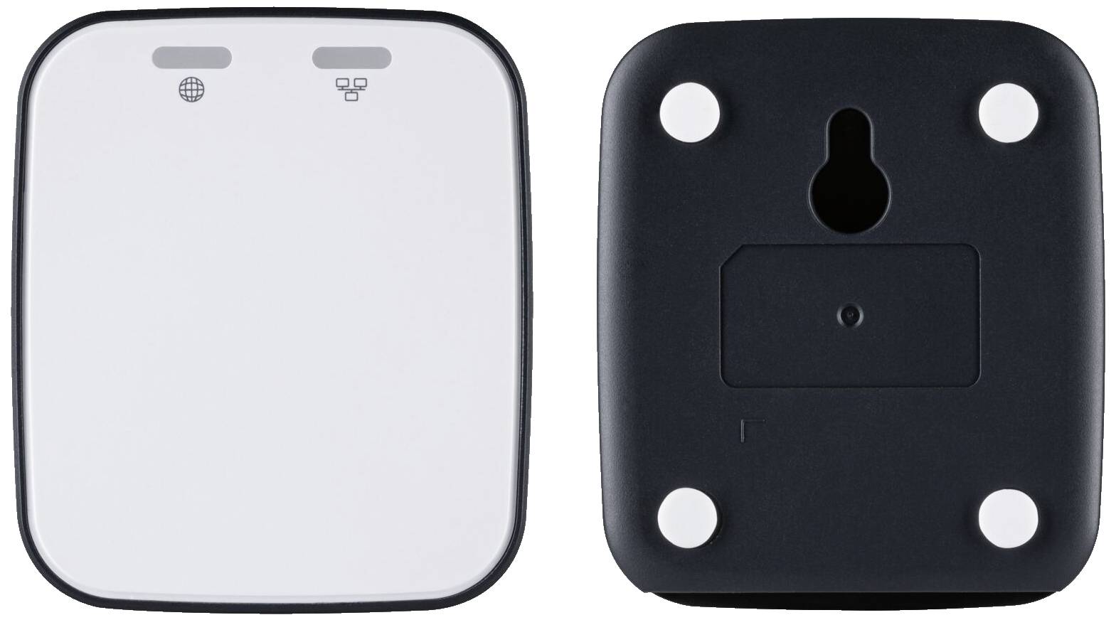 A square device with a white front and black back. The front displays two symbols, and the back has mounting options.
