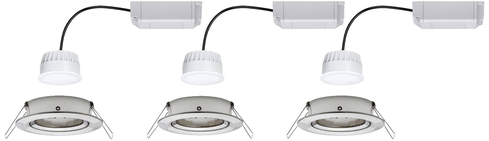 Three LED luminaires with round housings and external drivers in grey colour, with cable connection.