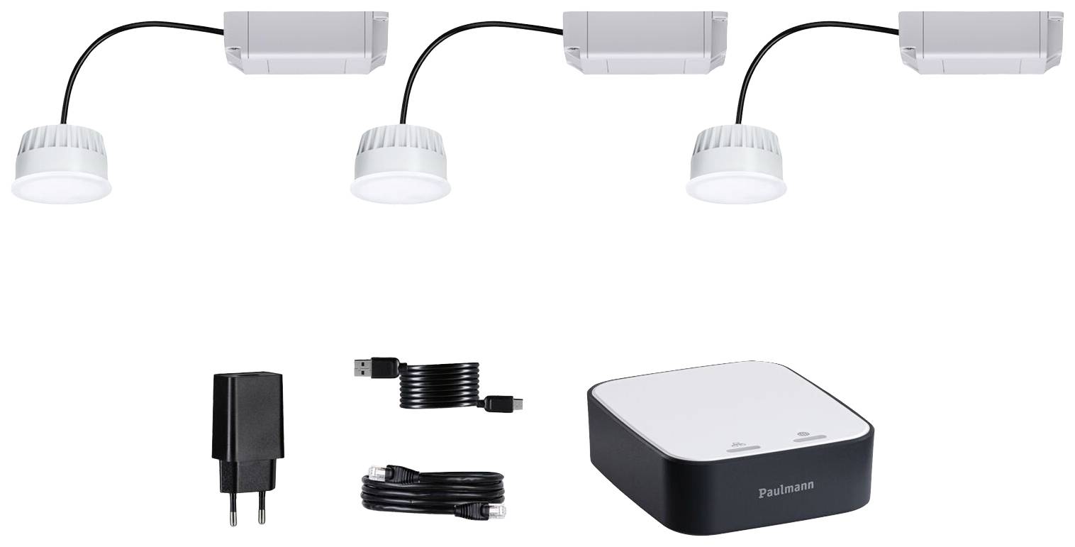 LED directional spotlight set with three lights, adapter and control unit. Suitable for illuminating rooms with focused light.