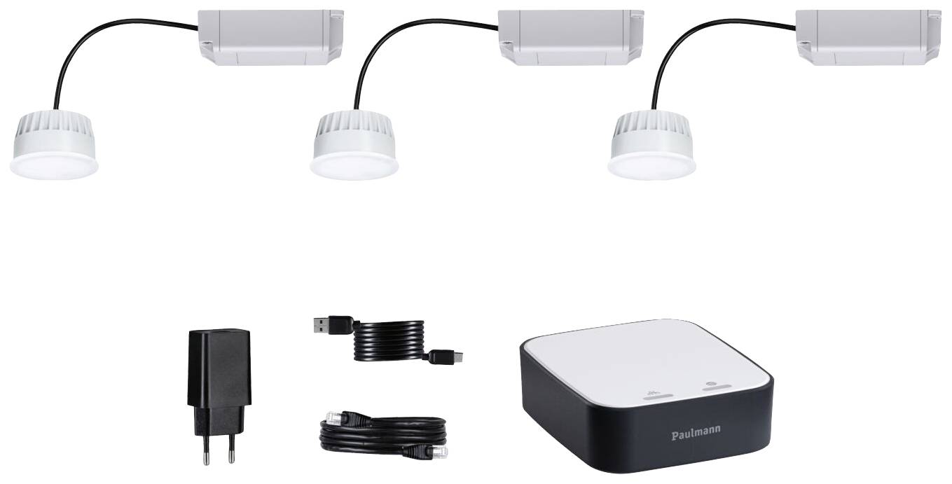 Three adjustable LED lamps with a plug power supply, USB cable, and a white control unit. Suitable for indoor lighting.
