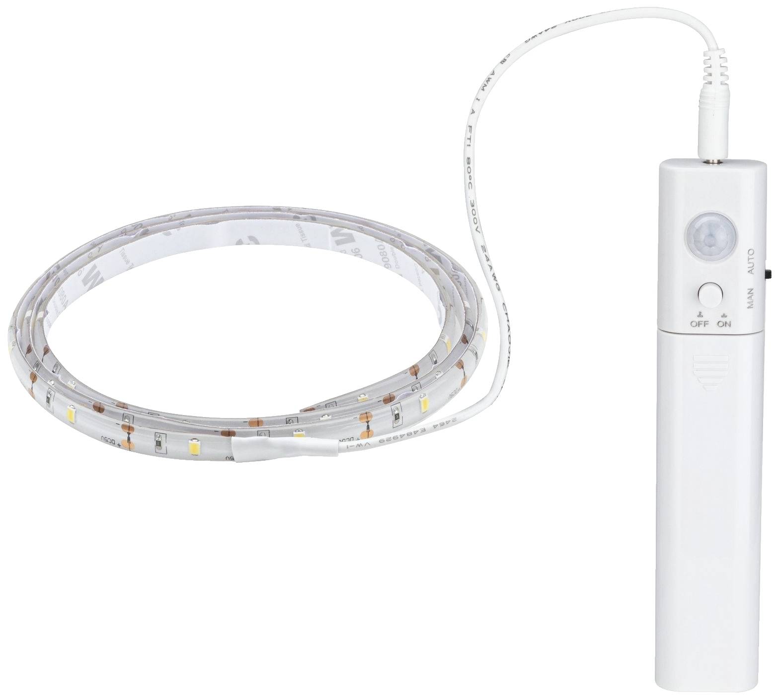 An LED light strip with an activated motion sensor and remote control, ready for installation.