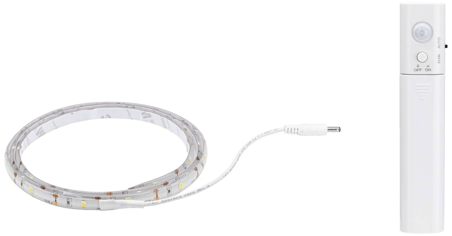 LED light strip with motion sensor and switch; flexible, white, for interior lighting; connection cable included.