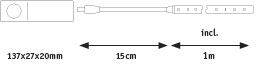 'Diagram shows an electrical component: 137x27x20mm housing with a 1.15m cable, with 15cm extending before the main cable.'