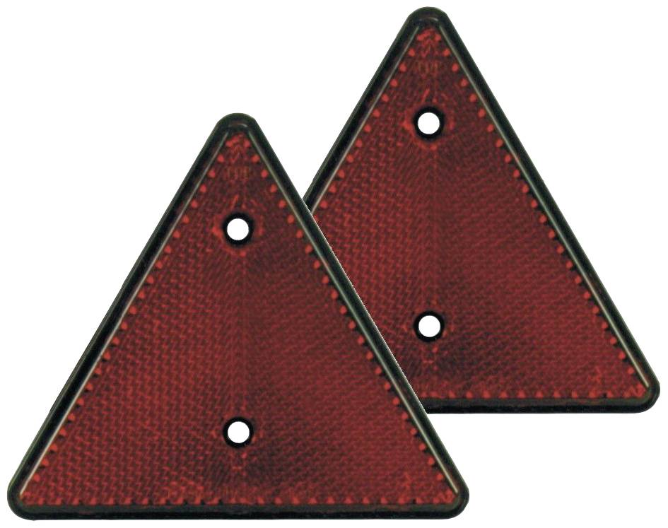 Two red triangular reflectors, each with a hole, used for traffic warning purposes.