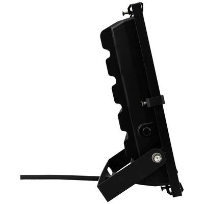 Side view of a black LED floodlight with cable, mounted upright on a stand, showing the ribbed housing structure.